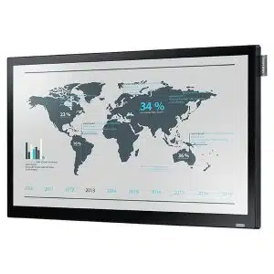 Das Produktbild zeigt das 22 Zoll LED Display Samsung DB22D-T mit Touchscreen. Auf dem Display sind eine Weltkarte, Prozentzahlen, Balkendiagramme und eine Zeitleiste von 2010 bis 2019 zu sehen - perfekt zur Analyse globaler Miet- oder Kauftrends. Das schlanke schwarze Gehäuse betont den modernen Look des Bildschirms.