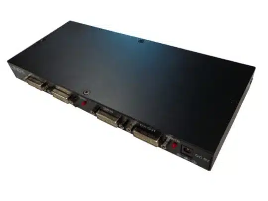 DVI-Splitter 1-8 von Lindy in Schwarz, mit acht DVI-Ausgängen, einer Power-LED sowie einem Netzanschluss - perfekt für flexible Anschlusslösungen und zum Mieten oder Kaufen.