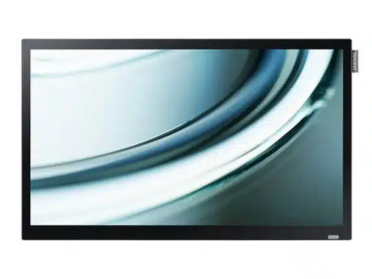 10 Zoll LED Display Samsung DB10D mit schmalem schwarzem Rahmen und kleinem Label am rechten Rand, zeigt ein abstraktes blau-weißes Muster auf dem Bildschirm - ideal zum Mieten oder Kaufen.