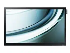 22 Zoll LED Display Samsung DB22D-P mit schlankem, schwarzem Rahmen; auf dem Bildschirm sind abstrakte blaue und weiße Linien zu sehen - ideal als Monitor fürs Büro oder Zuhause, zum Mieten oder Kaufen.