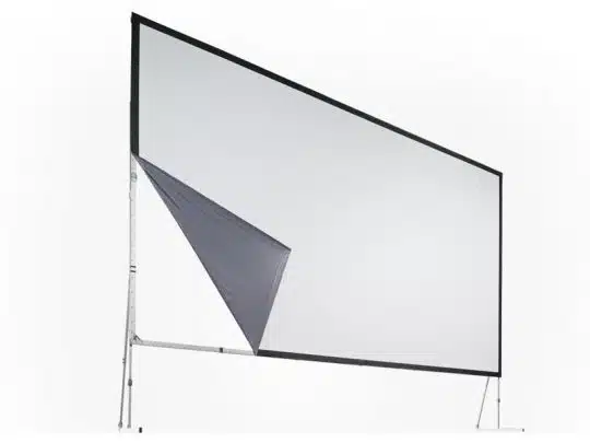 Mobile Leinwand Aufprojektion AV Stumpfl Vario 32, Größe 210 x 160 cm im Format 4:3, mit weißer Projektionsfläche und grauer Rückseite. Die hochwertige Leinwand steht auf einem stabilen Rahmen, ideal für Präsentationen oder Events - als Neuware zum Kaufen oder Mieten verfügbar.
