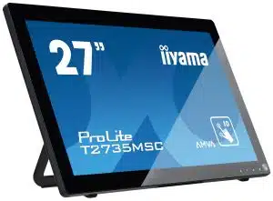 Frontansicht des 27 Zoll iiyama ProLite T2735MSC-B1 Multitouch Displays mit glänzend blauem Bildschirm, Touchfunktion und AMVA-Technologie - perfekt zum Kaufen oder Mieten.