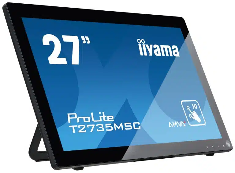 Frontansicht des 27 Zoll iiyama ProLite T2735MSC-B1 Multitouch Displays mit glänzend blauem Bildschirm, Touchfunktion und AMVA-Technologie - perfekt zum Kaufen oder Mieten.