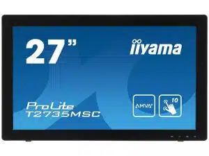 27 Zoll iiyama ProLite T2735MSC-B1 Multitouch Display mit AMVA+ Technologie; das schwarze Touchscreen-Display zeigt den Modellnamen auf blauem Bildschirm und eignet sich ideal zur Miete.