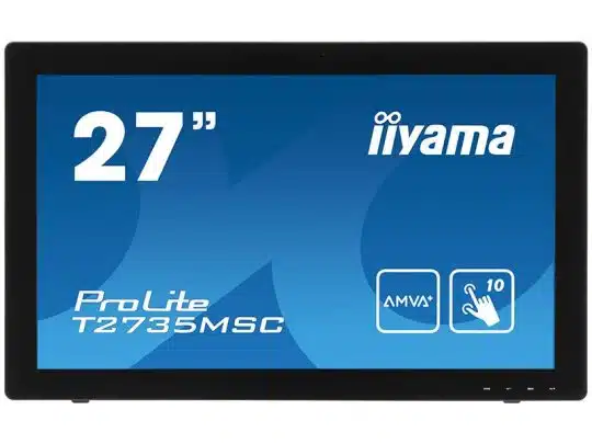 27 Zoll iiyama ProLite T2735MSC-B1 Multitouch Display mit AMVA+ Technologie; das schwarze Touchscreen-Display zeigt den Modellnamen auf blauem Bildschirm und eignet sich ideal zur Miete.