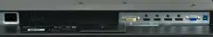 Rückansicht des 28 Zoll 4K LED Displays iiyama ProLite B2888UHSU-B1 mit Nahaufnahme der Anschlüsse: Strom, DVI, HDMI, DisplayPort, VGA, USB und Audioports; ideal zum Mieten oder Kaufen für den flexiblen Büro-Einsatz.