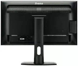 Rückansicht des iiyama ProLite B2888UHSU-B1, ein schwarzer 28 Zoll LED 4K Monitor, mit stabilem Standfuß, sichtbaren Anschlüssen und Lüftungsschlitzen oben; das iiyama-Logo ist erkennbar. Perfekt zum Mieten für Büro oder Zuhause.