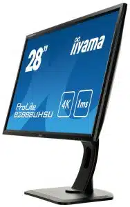 Seitliche Ansicht des 28 Zoll 4K LED Monitors iiyama ProLite B2888UHSU-B1, mit sichtbaren "4K" und "1ms" Angaben vor blauem Hintergrund - idealer Miet-Monitor für gestochen scharfe Bildqualität.