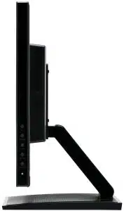 Seitenansicht des iiyama ProLite T2336MSC-B1: 23 Zoll 10-Punkt-Multitouch-Display mit stabilem, schräg stehendem Standfuß und Bedienknöpfen am linken Rand - ideal als Mietgerät für Büros.
