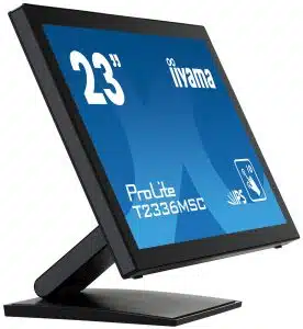 Iiyama ProLite T2336MSC-B1 - 23 Zoll 10-Punkt Multitouch Display auf stabilem Standfuß, leicht nach hinten geneigt. Auf dem Bildschirm sind Modellinfos auf blauem Hintergrund zu sehen. Ideal zum Mieten für flexible Nutzung, modernes Touchscreen-Design mit edlem schwarzen Rahmen.