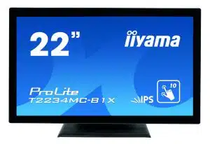 Das Produktbild zeigt das 22 Zoll 10-Punkt Multi-Touch-Display iiyama ProLite T2234MC-B1X. Das schwarze Touchscreen-Display wird frontal vor blauem Bildschirmhintergrund präsentiert, auf dem Produktdetails wie Größe und Funktionen eingeblendet sind. Unter dem Bild stehen Hinweise, dass das Display gemietet oder gekauft werden kann.