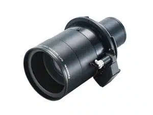 Wechselobjektiv Panasonic ET-D75LE20 mieten - schwarzes, zylindrisches Zoom-Objektiv mit Metall-Finish und sichtbarer Elektronik, vor weißem Hintergrund; ideal zum Kaufen oder Mieten für professionelle Projektoren.
