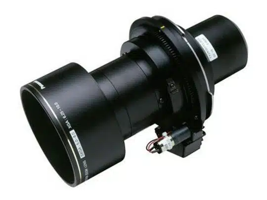 Panasonic ET-D75LE40 Wechselobjektiv mieten - Großes, schwarzes Panasonic-Objektiv mit motorisiertem Zoom und Fokus, klaren weißen Modellaufdrucken; ideal für professionelle Foto- und Videoaufnahmen.