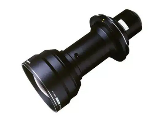 Panasonic ET-D75LE50 Wechselobjektiv - schwarzes Projektorobjektiv mit weitem, auffällig ausgestelltem Frontelement, gravierten Markierungen und silbernen Details, perfekt zum Mieten oder Kaufen, auf weißem Hintergrund.