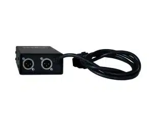 Intercom Set mit 3 Stationen [klein] - schwarzes Kommunikationssystem mit zwei XLR Ein-/Ausgängen und festem Stromkabel, ideal zum Mieten. Das Intercom-Set ist kompakt und vor weißem Hintergrund abgebildet.