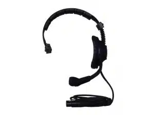 Intercom Set mit 3 Stationen [groß] mieten - Abgebildet ist ein schwarzes Over-Ear-Headset mit gepolstertem Bügel, flexiblem Mikrofonarm und Spiralkabel, ideal zur Miete; das Headset liegt vor weißem Hintergrund.