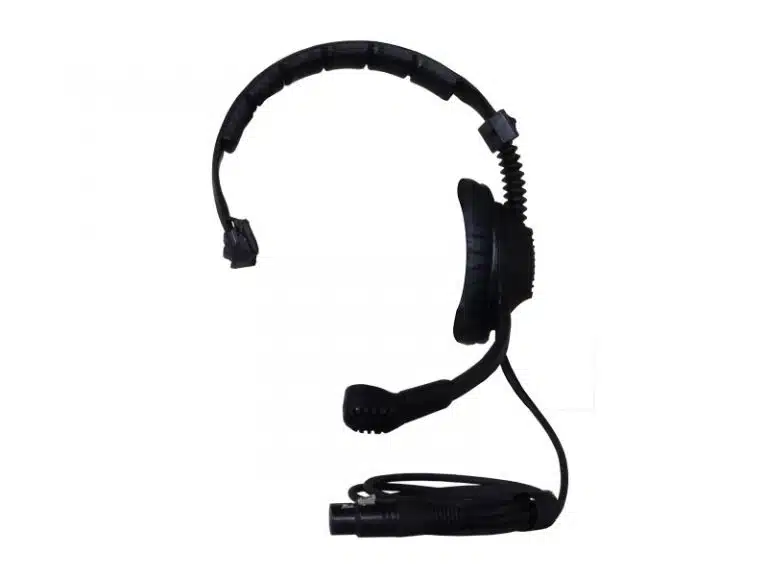 Intercom Set mit 3 Stationen [groß] mieten - Abgebildet ist ein schwarzes Over-Ear-Headset mit gepolstertem Bügel, flexiblem Mikrofonarm und Spiralkabel, ideal zur Miete; das Headset liegt vor weißem Hintergrund.