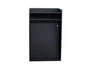 Schwarzes Rednerpult V2/49 zum Mieten - modernes Podium mit schräger Ablagefläche, offenem Fach und abschließbarem Unterschrank, ideal für Präsentationen; Produkt freigestellt vor weißem Hintergrund.