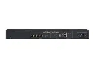 Rückansicht des NovaStar MCTRL660 LED-Controllers mit deutlich sichtbaren, beschrifteten Anschlüssen für Ethernet, DVI, USB und Stromzufuhr auf einer schwarzen Geräteblende. Der LED-Controller ist zur Miete oder zum Kauf erhältlich.