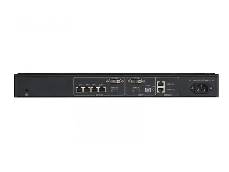 Rückansicht des NovaStar MCTRL660 LED-Controllers mit deutlich sichtbaren, beschrifteten Anschlüssen für Ethernet, DVI, USB und Stromzufuhr auf einer schwarzen Geräteblende. Der LED-Controller ist zur Miete oder zum Kauf erhältlich.