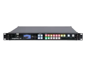 Barco ImagePRO 4K Video-Prozessor, schwarz, rack-montierbar; Frontpanel mit kleinem Display, Tastenfeld, Drehregler und farbig beleuchteten Bedientasten - ideal kaufen oder mieten für professionelle Videoproduktion.