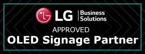 Rechteckiges Banner mit LG-Logo und Text "LG Business Solutions APPROVED OLED Signage Partner" auf schwarzem Hintergrund mit türkisfarbenem Rahmen und diagonalen Linien; ideal zum Mieten oder Kaufen von hochwertiger LG OLED Digital Signage.