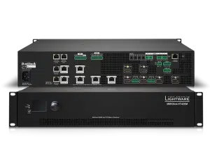 Lightware MMX Gerät, Vorder- und Rückansicht; vorne mit Anzeige und Label, hinten zahlreiche Anschlüsse wie HDMI, Ethernet, USB und Steuerports - ideal zum Kaufen oder Mieten für professionelle AV-Anwendungen.