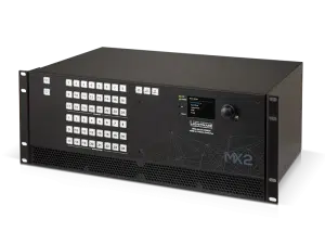 Lightware MX2 - Schwarzes, rack-montierbares elektronisches Gerät mit mehreren nummerierten weißen Tasten, Display, Statusleuchten und der Modellbezeichnung "MX2" auf der Front. Die Marke Lightware steht über dem Bildschirm. Das professionelle Umschaltgerät ist zum Kaufen oder Mieten erhältlich.