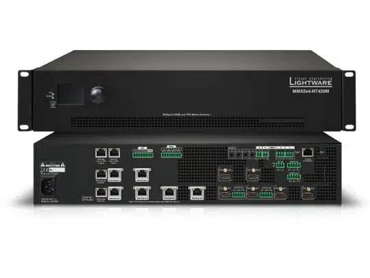 Produktbild zeigt Vorder- und Rückansicht des schwarzen Lightware MMX2x4-HT-12O4M Matrix Switchers mit zahlreichen Ein- und Ausgängen, LCD-Bildschirm, Steuerknopf, Netzanschluss sowie HDMI-, Audio- und Netzwerkanschlüssen - ideal zum Kaufen oder Mieten für professionelle AV-Lösungen.