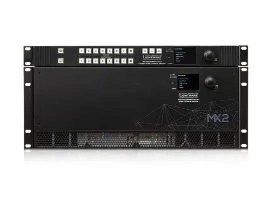 Lightware MX2 Matrix Switcher, schwarz, Frontansicht: Rack-montierbares Gerät mit Bedienknöpfen, Displayanzeigen und Lüftungsgittern - professionelle AV-Signal-Umschaltmatrix zum Kaufen oder Mieten.