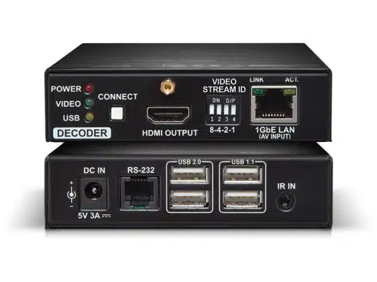 Modernes, schwarzes Multimediagerät - zum Beispiel der IPTV Decoder - mit mehreren Anschlüssen: HDMI-Ausgang, Ethernet-LAN, DC-IN-Stromanschluss, RS-232, IR IN und vier USB-Ports. Auf der Vorderseite sind Kontrollleuchten und Beschriftungen für Power, Video, Connect und Decoder sichtbar. Perfekt geeignet zum Kaufen oder Mieten für Streaming und Netzwerkanwendungen.