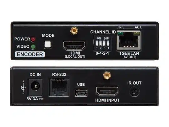 Nahaufnahme des AV Encoder Geräts (Vorder- und Rückseite), ideal zum Mieten oder Kaufen, mit HDMI-, USB-, RS-232-Anschlüssen, 5V DC-Eingang, 1GbE LAN-Port, IR-Ausgang, DIP-Schaltern zur Kanal-ID und LED-Anzeigen für Power, Video sowie Link/Activity.