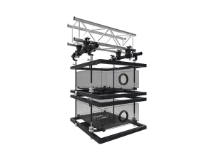 3D-gerenderte Struktur aus gestapelten Glasboxen mit schwarzen Rahmen und runden Öffnungen, oben mit einem Metallträger samt montierten Kameras oder Sensoren - ideal als moderne Präsentationsplattform oder Ausstellungsmodul zu mieten oder zu kaufen für innovative Projekte.