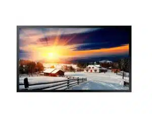 46 Zoll Outdoor LCD Display Samsung OH46F zur Miete - robustes, wetterfestes Display für brillante Präsentationen und gestochen scharfe winterliche Landschaftsbilder, geeignet für den Außenbereich bei jedem Wetter. Das Produktbild zeigt das schlanke, moderne Samsung OH46F mit schwarzem Rahmen vor weißem Hintergrund.