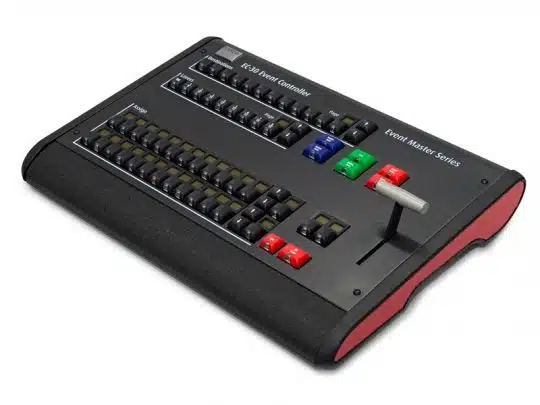 Barco EC-30 Event-Controller - schwarzes Bedienteil mit mehreren Tastenreihen, klar beschrifteten Sektionen und einem silbernen Hebel; professionelle Steuerung für Events, jetzt mieten.