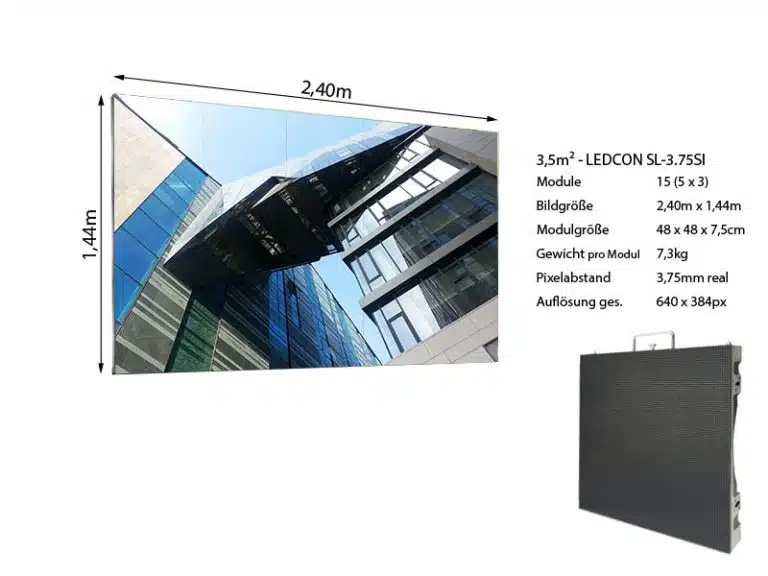 Produktbild der LED Wand 2,40m x 1,44m - 3,75mm LEDCON SL-3.75SI: Das Foto zeigt eine hochauflösende LED-Videowand mit scharfem Bild eines modernen Glasgebäudes. Daneben sind technische Details und ein Blick auf die Rückseite des Displays sichtbar. Die LED-Wand ist zur Miete oder zum Kauf erhältlich.