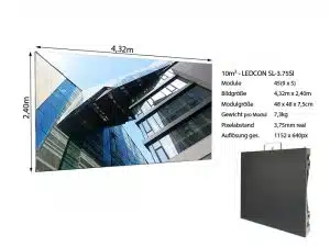 Produktbild der LED Wand 4.32m x 2.40m - 3.75mm LEDCON SL-3.75SI zum Mieten; gezeigt wird eine große, scharfe Videowand mit Abbildung moderner Glasgebäude, daneben technische Daten und ein Foto des einzelnen LED-Moduls. Ideal zum Mieten oder Kaufen - perfekte Lösung für beeindruckende Präsentationen und Events. SEO-relevante Begriffe: LED Wand mieten, 4.32m x 2.40m, 3.75mm Pixelpitch, LEDCON SL-3.75SI Display Modul.