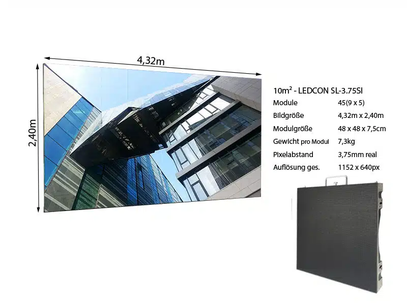 Produktbild der LED Wand 4.32m x 2.40m - 3.75mm LEDCON SL-3.75SI zum Mieten; gezeigt wird eine große, scharfe Videowand mit Abbildung moderner Glasgebäude, daneben technische Daten und ein Foto des einzelnen LED-Moduls. Ideal zum Mieten oder Kaufen - perfekte Lösung für beeindruckende Präsentationen und Events. SEO-relevante Begriffe: LED Wand mieten, 4.32m x 2.40m, 3.75mm Pixelpitch, LEDCON SL-3.75SI Display Modul.