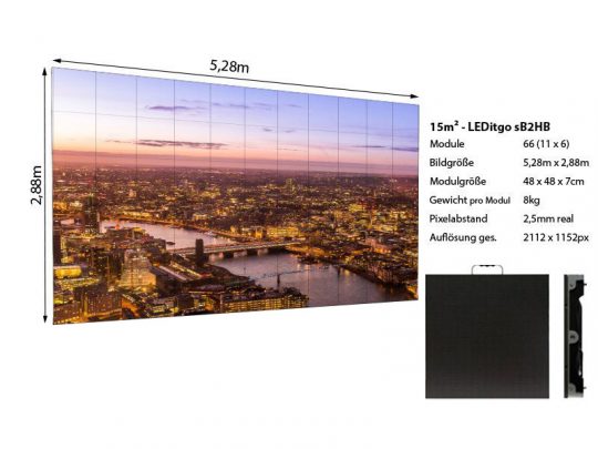 Große LEDitgo sB2HB LED Wand (5,28 x 2,88 Meter, 2,5mm Pixelabstand) zeigt ein Sonnenuntergangs-Stadtbild; rechts daneben stehen technische Daten zur Miete oder zum Kauf wie Modulgröße, Gewicht, Auflösung und Gesamtmaße. SEO-relevante Begriffe: LEDitgo sB2HB LED Wand 5.28m x 2.88m Produktbild Specs Mieten Kaufen.