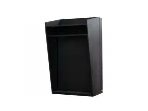 Modernes Design Multimedia Rednerpult V2/49 in Schwarz mit klaren Linien und minimalistischem Look; das stilvolle Pult steht freistehend vor neutralem Hintergrund - ideal zum Mieten für Präsentationen, Events oder Konferenzen.