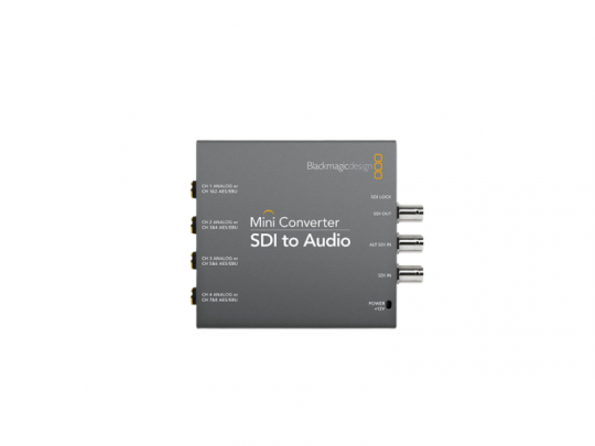 SDI zu Audio Mini-Konverter von Blackmagic mit vier Audio-Ausgängen links, SDI-Ports und Betriebsanzeige rechts.