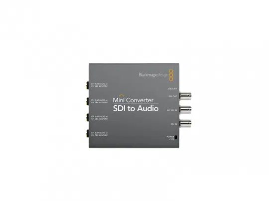 SDI zu Audio Mini-Konverter von Blackmagic mit vier Audio-Ausgängen links, SDI-Ports und Betriebsanzeige rechts.