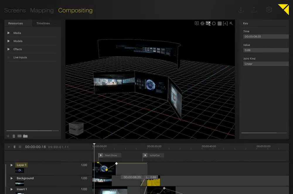 Screenshot der 3D-Compositing-Software-Oberfläche - zur Miete oder zum Kauf erhältlich. Das Interface zeigt eine Rasteransicht mit mehreren übereinanderliegenden Videoebenen, eine Timeline mit verschiedenen Spuren sowie Bearbeitungstools in den rechten und unteren Bedienfeldern.