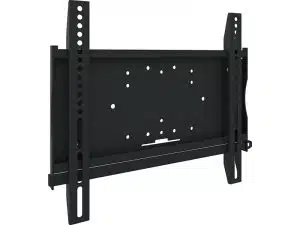 Schwarze TV-Wandhalterung für Flachbildfernseher mit mehreren Befestigungslöchern und vertikalen Seitenträgern, ideal zum Kauf oder zur Miete.