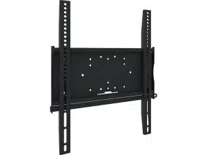 Schwarze TV-Wandhalterung mit verstellbaren vertikalen und horizontalen Schlitzen für Flachbildfernseher, abgebildet vor weißem Hintergrund. Ideale Halterung für sichere Wandmontage - zum Kaufen oder Mieten erhältlich.