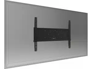 Rückansicht eines Flachbildfernsehers auf einer schwarzen Wandhalterung; der stabile Metallhalter ist sicher am Fernseher befestigt - ideal zum Kaufen oder Mieten für Wohnzimmer oder Büro.