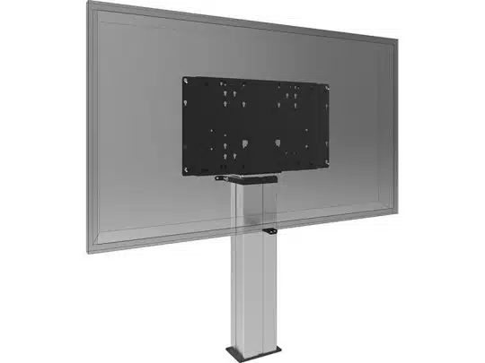 Flatscreen TV auf silbernem, vertikalen Standfuß mit rechteckiger, schwarzer Montageplatte an der TV-Rückseite; der moderne Bildschirm eignet sich ideal zum Mieten oder Kaufen für Events und Präsentationen.