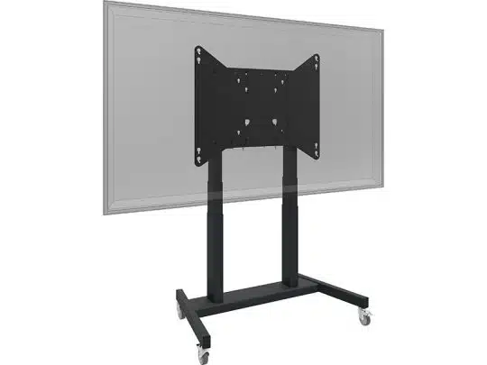 Mobiler TV-Ständer mit großem rechteckigem Montagebügel, höhenverstellbaren vertikalen Streben und vier Rollen am Sockel; abgebildet ohne montierten Fernseher - ideal zum Kaufen oder Mieten.