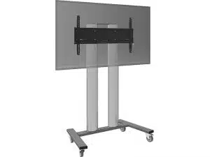 Mobiler TV-Ständer mit großem Bildschirm, montiert auf zwei vertikalen Metallsäulen, rechteckiger Basis und vier Rollen für einfache Mobilität; ideal zum Mieten oder Kaufen. Die schwarze Halterung sichert den Bildschirm stabil am Ständer.