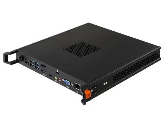 Schwarzer, schlanker Rackmount-Server mit zahlreichen Anschlüssen (USB, HDMI, VGA, Audio und Ethernet) auf der Rückseite; das Gerät steht vor weißem Hintergrund. Perfekt zum Kaufen oder Mieten für flexible IT-Lösungen.